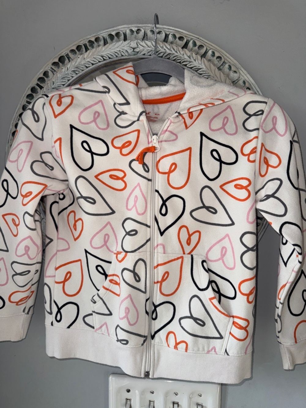 Girls' Heart Print Zip Hoodie - White with Pink & Orange Hearts